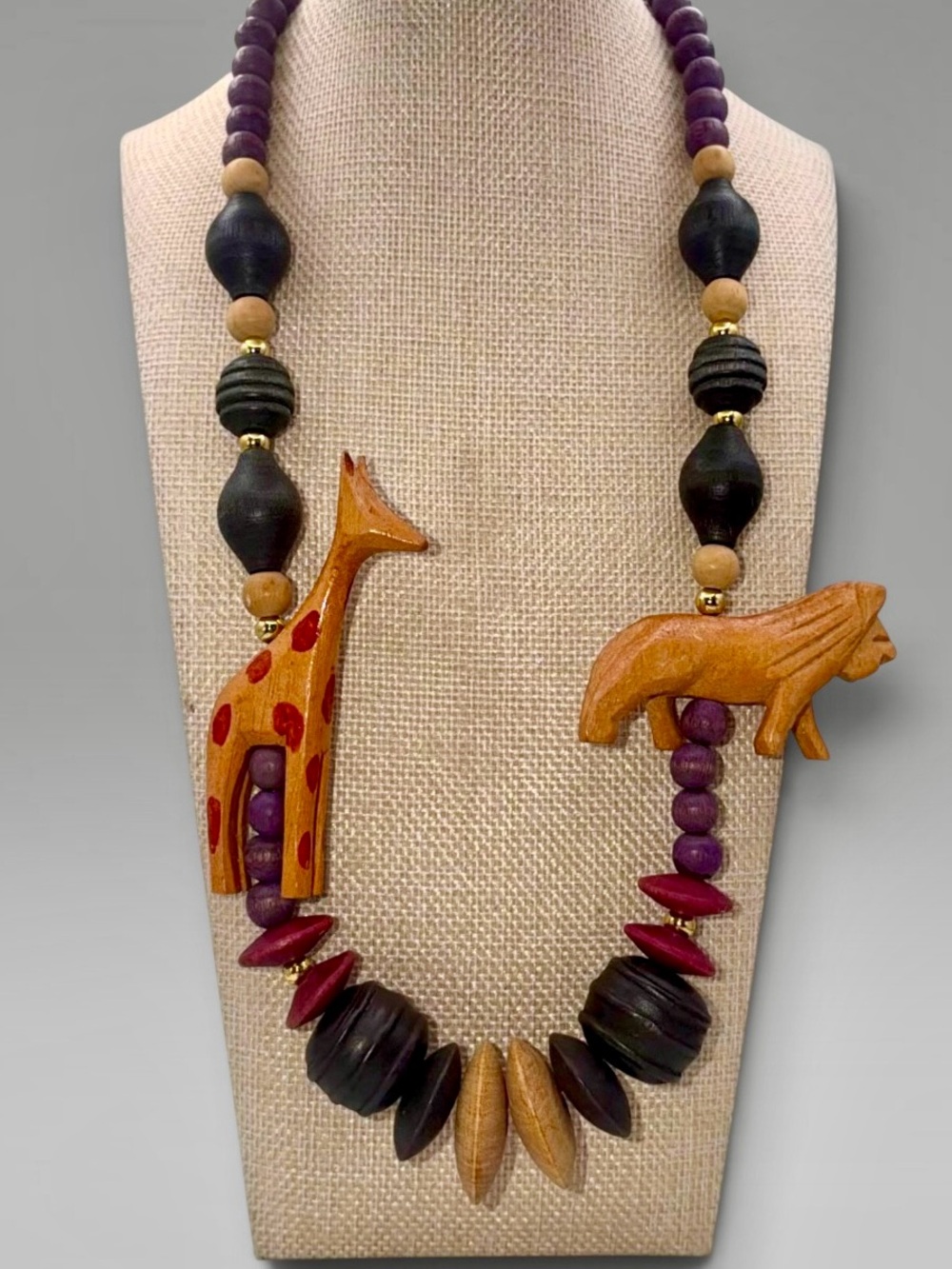 Vintage African Hand Carved Wooden Safari Animal Necklace Giraffe and Lion